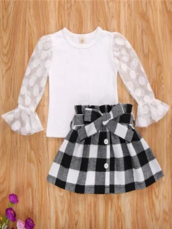 Girls Ready To Go Long-Sleeved Polka Dot Top And Plaid Skirt Set