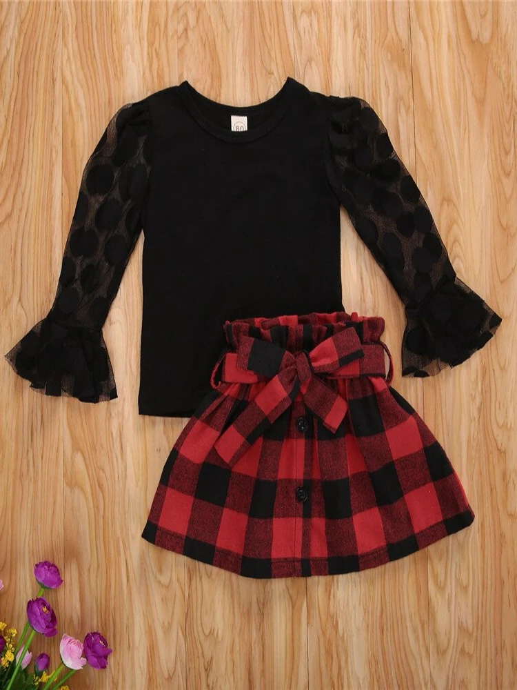 Girls Ready To Go Long-Sleeved Polka Dot Top And Plaid Skirt Set 2 Girls Ready To Go Long-Sleeved Polka Dot Top And Plaid Skirt Set - Image 2