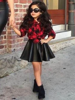 Girls Mad For Plaid Button Down Top And Faux Leather Skirt Set