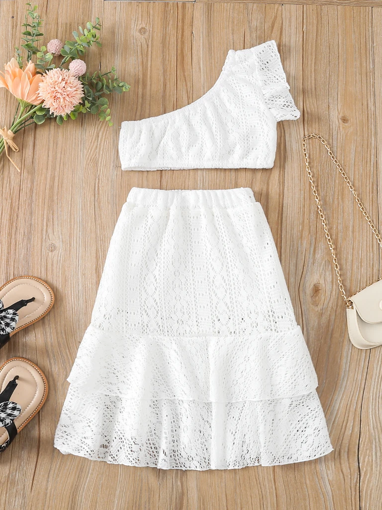 Ladylike Lace One Shoulder Crop Top & Skirt Set 2 Ladylike Lace One Shoulder Crop Top & Skirt Set - Image 2