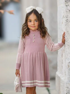 Ivy League Knitted Houndstooth Dress 10 Ivy League Knitted Houndstooth Dress -Kid's Apparel Sales 6731130863680 Pink 1