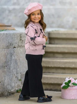 Darling Fashionista Bow-Embellished Pink Sweater & Pants Set -Kid's Apparel Sales 6731197775936 Blush 1