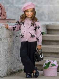 Darling Fashionista Bow-Embellished Pink Sweater & Pants Set -Kid's Apparel Sales 6731197775936 Blush 3