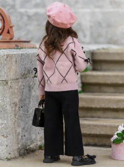 Darling Fashionista Bow-Embellished Pink Sweater & Pants Set -Kid's Apparel Sales 6731197775936 Blush 5