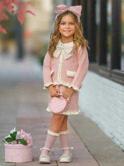 Fashionable Fall Pink Knit Sweater & Skirt Set -Kid's Apparel Sales 6731255971904 Pink 3