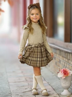 Campus Cutie Plaid Skirt Set & Beret -Kid's Apparel Sales 6731358076992 Beige 1
