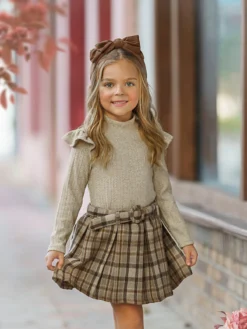 Campus Cutie Plaid Skirt Set & Beret -Kid's Apparel Sales 6731358076992 Beige 2