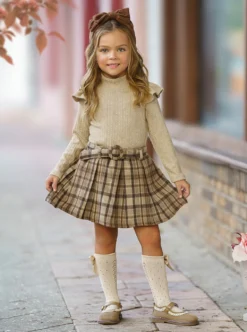 Campus Cutie Plaid Skirt Set & Beret -Kid's Apparel Sales 6731358076992 Beige 3