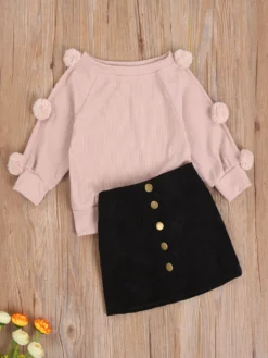 School Spirit Pom-Pom Sweater & Skirt Set