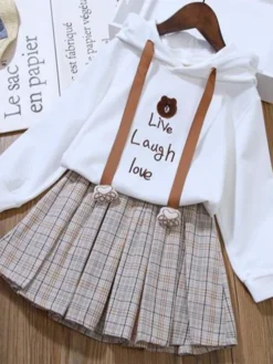 Live, Laugh, Love Hoodie & Pleated Tartan Skirt Set