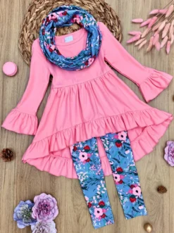 Flawless Hi-Lo Ruffle Tunic, Floral Leggings & Scarf Set 10 Flawless Hi-Lo Ruffle Tunic, Floral Leggings & Scarf Set -Kid's Apparel Sales AUG20CPSET4RGF