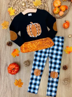 Sparkle Pumpkin Patch Tunic & Patched Plaid Legging Set -Kid's Apparel Sales FALL12SET13CABOP