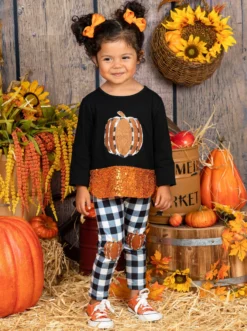 Sparkle Pumpkin Patch Tunic & Patched Plaid Legging Set -Kid's Apparel Sales FALL12SET13CABOP 4 scaled
