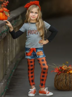 Hocus Pocus Top, Patched Denim Shorts & Plaid Legging Set
