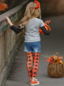 Hocus Pocus Top, Patched Denim Shorts & Plaid Legging Set -Kid's Apparel Sales FALL12SET20CAGPD 4