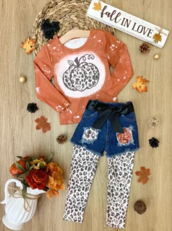 Posh Pumpkin Top, Patched Denim Shorts & Legging Set -Kid's Apparel Sales FALL12SET20CALPD scaled