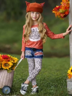 Posh Pumpkin Top, Patched Denim Shorts & Legging Set