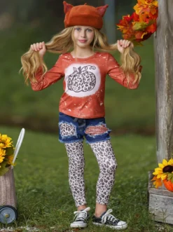 Posh Pumpkin Top, Patched Denim Shorts & Legging Set -Kid's Apparel Sales FALL12SET20CALPD 4