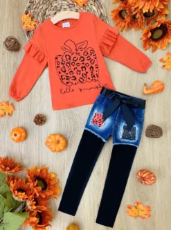 Hello Pumpkin Top, Patched Denim Shorts & Legging Set -Kid's Apparel Sales FALL12SET23CAODB scaled