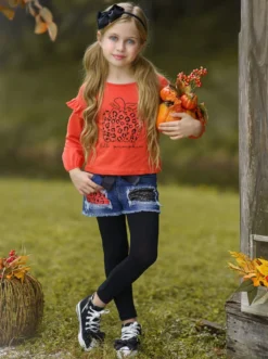 Hello Pumpkin Top, Patched Denim Shorts & Legging Set