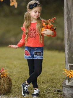 Hello Pumpkin Top, Patched Denim Shorts & Legging Set -Kid's Apparel Sales FALL12SET23CAODB 2