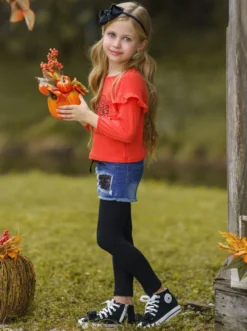 Hello Pumpkin Top, Patched Denim Shorts & Legging Set -Kid's Apparel Sales FALL12SET23CAODB 3