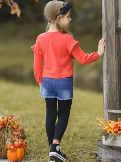 Hello Pumpkin Top, Patched Denim Shorts & Legging Set -Kid's Apparel Sales FALL12SET23CAODB 4