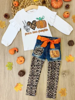 Peace, Love & Pumpkin Patched Denim Shorts & Legging Set -Kid's Apparel Sales FALL12SET23CAWLD scaled