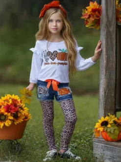 Peace, Love & Pumpkin Patched Denim Shorts & Legging Set