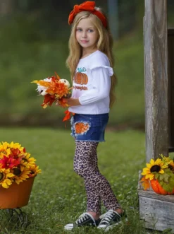 Peace, Love & Pumpkin Patched Denim Shorts & Legging Set -Kid's Apparel Sales FALL12SET23CAWLD 3
