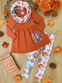 Pumpkin Everything Tunic, Leggings & Scarf Set -Kid's Apparel Sales FALL12SET32CARLP scaled