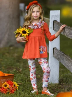 Pumpkin Everything Tunic, Leggings & Scarf Set -Kid's Apparel Sales FALL12SET32CARLP 1