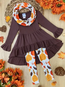 Falling Leaves Hi-Lo Ruffle Tunic, Leggings & Scarf Set -Kid's Apparel Sales FALL12SET33CABFL scaled