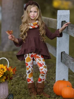 Falling Leaves Hi-Lo Ruffle Tunic, Leggings & Scarf Set -Kid's Apparel Sales FALL12SET33CABFL 1