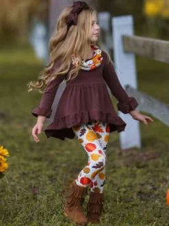 Falling Leaves Hi-Lo Ruffle Tunic, Leggings & Scarf Set