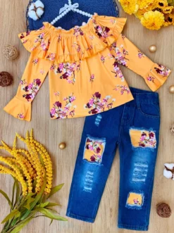 Bloom Girl Patched Jeans Set -Kid's Apparel Sales FALL12SET39CAYFD