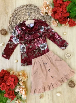 Flowers Bloom Velvet Top & Ruffle Skirt