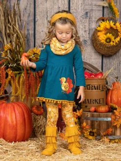 Turkey Season Pom Pom Tunic, Leggings & Scarf Set -Kid's Apparel Sales FALL12SET44CABYT 1 scaled