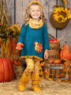 Turkey Season Pom Pom Tunic, Leggings & Scarf Set