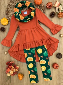 Pumpkin Season Hi-Lo Tunic, Leggings & Scarf Set 6 Pumpkin Season Hi-Lo Tunic, Leggings & Scarf Set -Kid's Apparel Sales FALL12SET45CAOGP