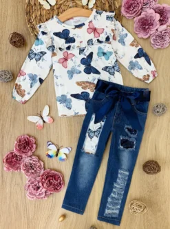 Reach For Butterflies Patched Jeans Set