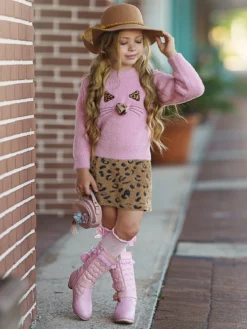 Feline Fierce Sweater & Leopard Skirt Set -Kid's Apparel Sales FALL20CPSET4PL 3