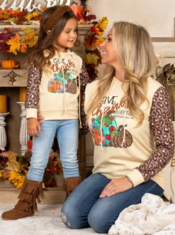 Mommy & Me Give Thanks Leopard Sleeve Hoodie
