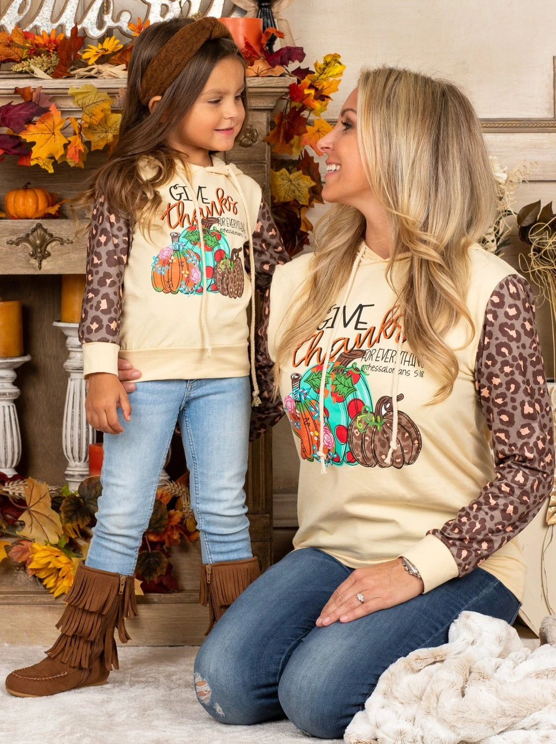 Mommy & Me Give Thanks Leopard Sleeve Hoodie 1 Mommy & Me Give Thanks Leopard Sleeve Hoodie