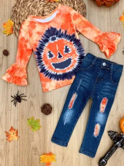 Pumpkin Pigment Ruffled Sleeve Top & Patched Jeans Set