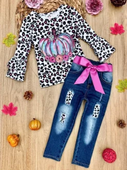 Pastel Pumpkin Leopard Patched Jeans Set -Kid's Apparel Sales FALL20SET16CALPF