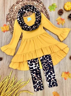 Vibrant Cub Hi-Lo Ruffle Tunic, Leopard Leggings & Scarf Set