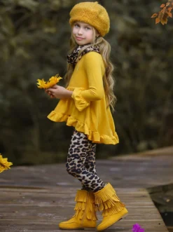Vibrant Cub Hi-Lo Ruffle Tunic, Leopard Leggings & Scarf Set -Kid's Apparel Sales FALL20SET1CAYBL 1