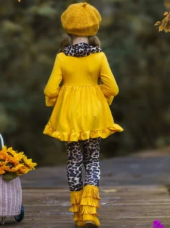 Vibrant Cub Hi-Lo Ruffle Tunic, Leopard Leggings & Scarf Set -Kid's Apparel Sales FALL20SET1CAYBL 2