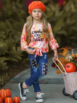 Candy Corn Cutie Top & Patched Jeans Set